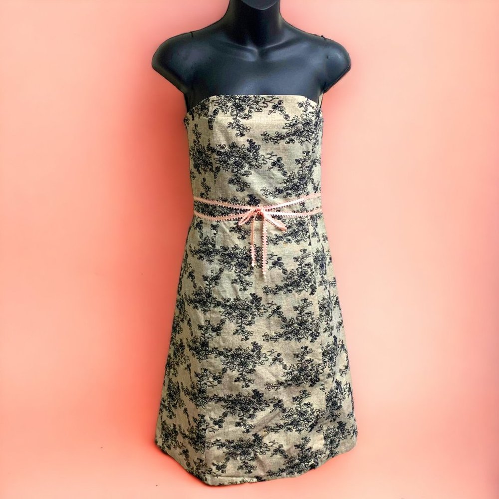 HELEN‎ WANG Beige Shell Black Embroidered Daisies Strapless A-Line Dress